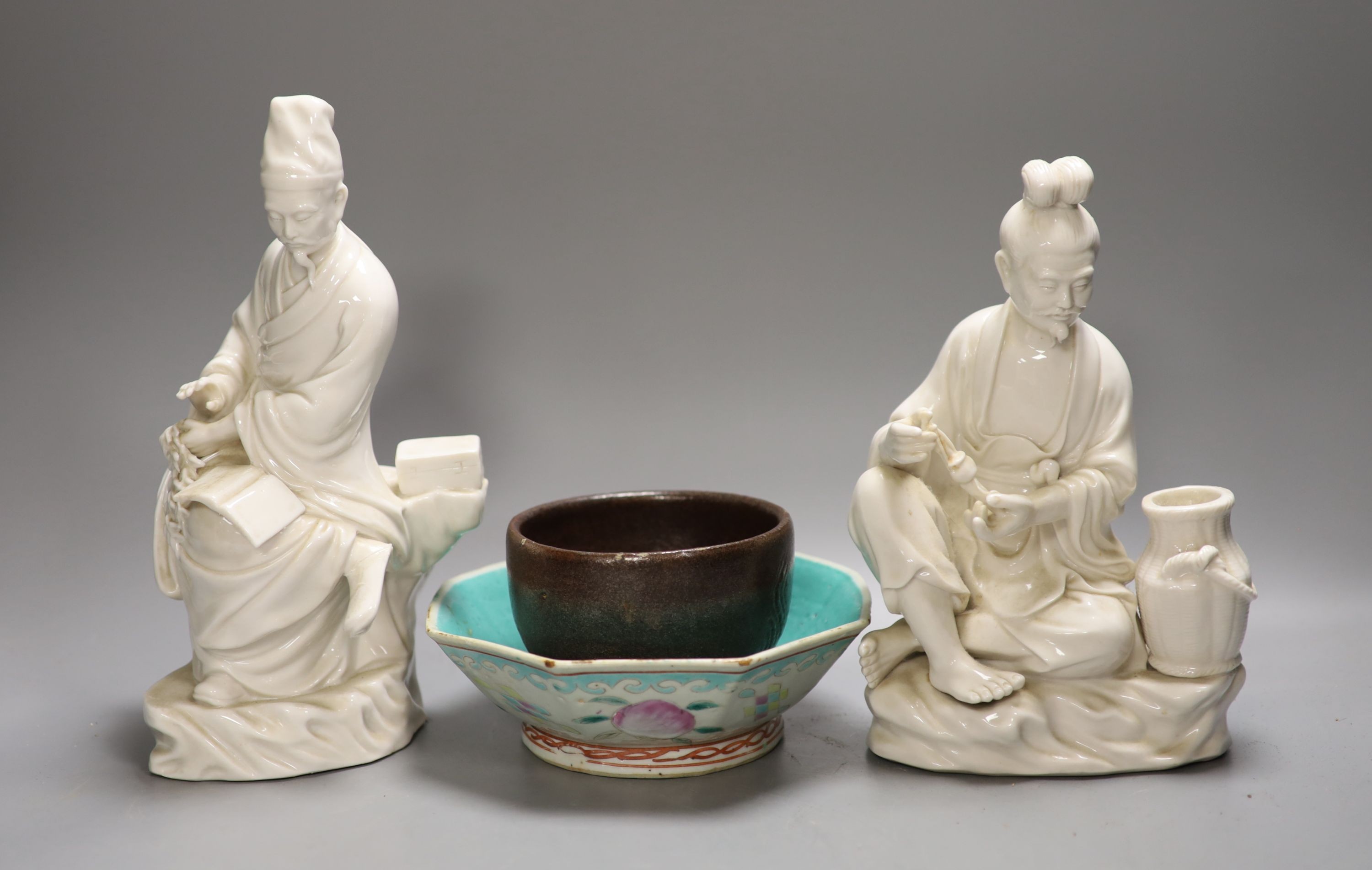 Two Chinese blanc de Chine figures, 26cm high and two other items
